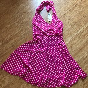 Sourpuss NWT polka dot pink halter swing dress - L