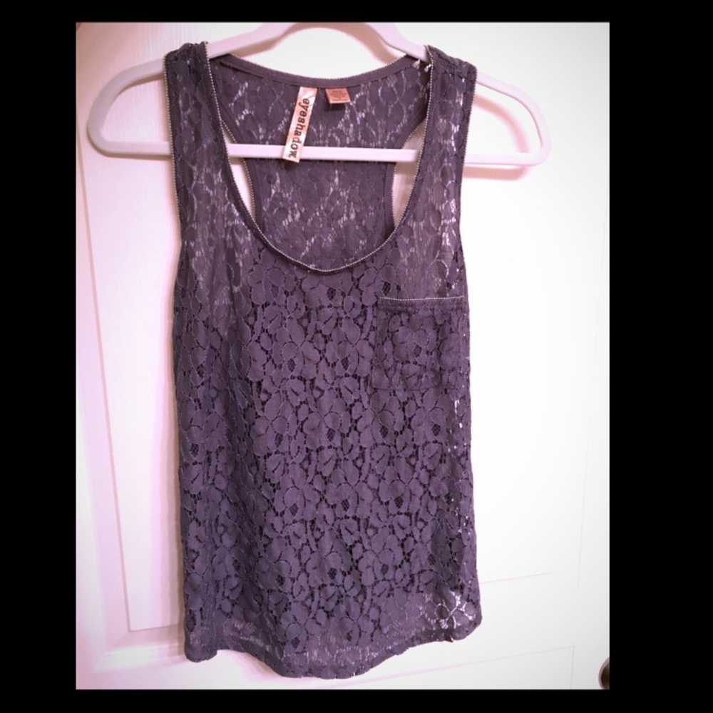 Grey lace sheer tank with pocket