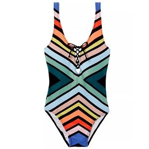 NWT VS Pink Striped One Piece Swimsuit Sz L