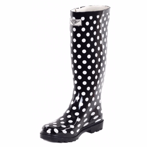 Women's Rubber Black Polka Dots Rain Boots Wellie - Picture 3 of 3