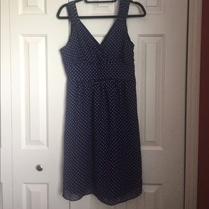 Empire waist navy and white polkadot dress