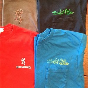 4 young men's  t-shirts. Fishing / hunting themed