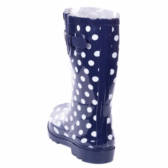 Women's 11" Mid-Calf Navy Polka Rubber Rain Boots - Picture 3 of 4