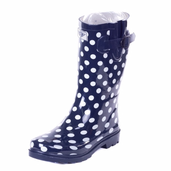 Women's 11" Mid-Calf Navy Polka Rubber Rain Boots - Picture 2 of 4