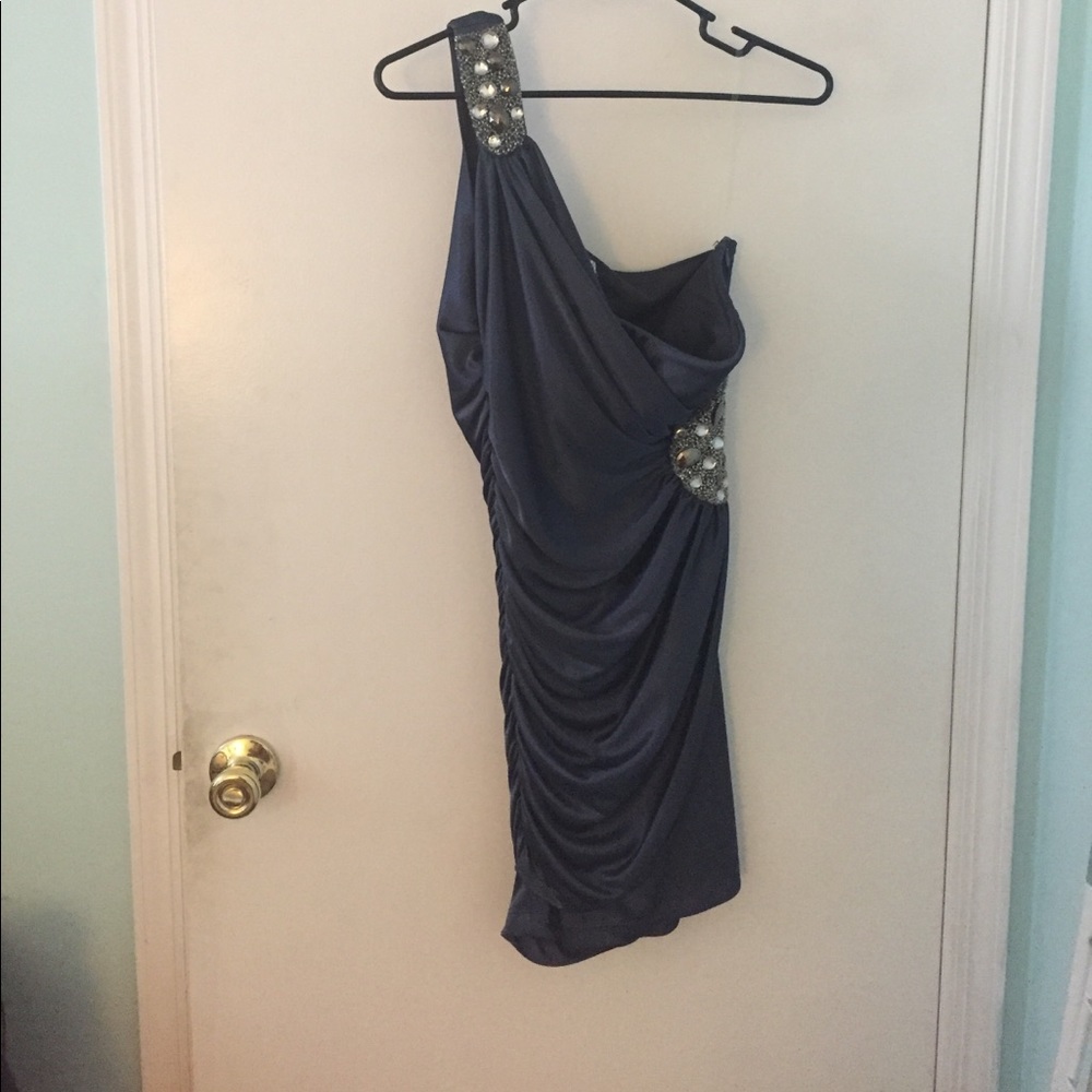 Gunmetal gray one shoulder mini dress
