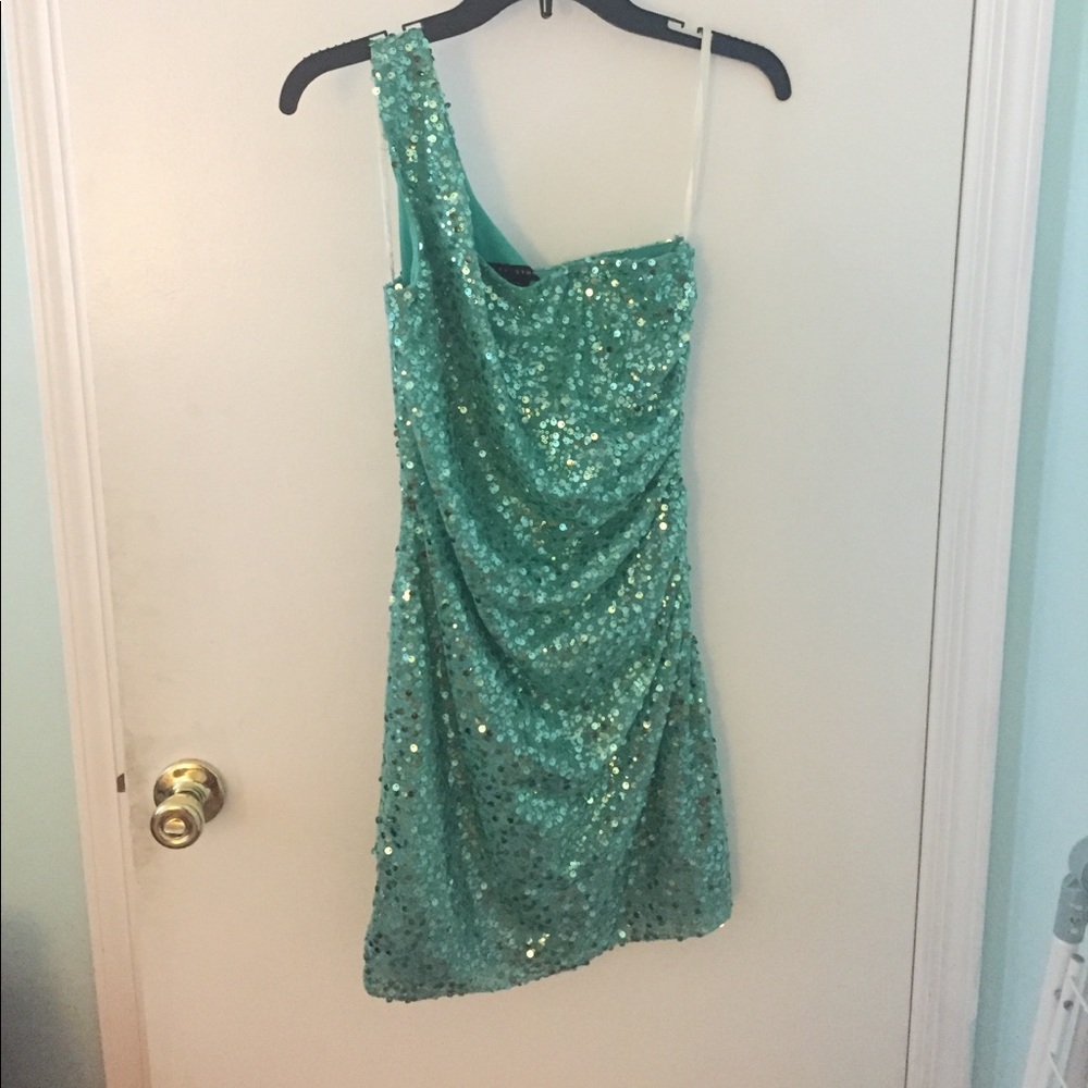 One shoulder seafoam green mini dress
