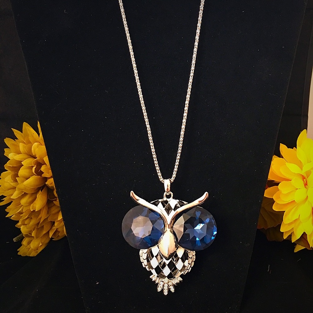 Owl Necklace Blue Austrian Crystal
