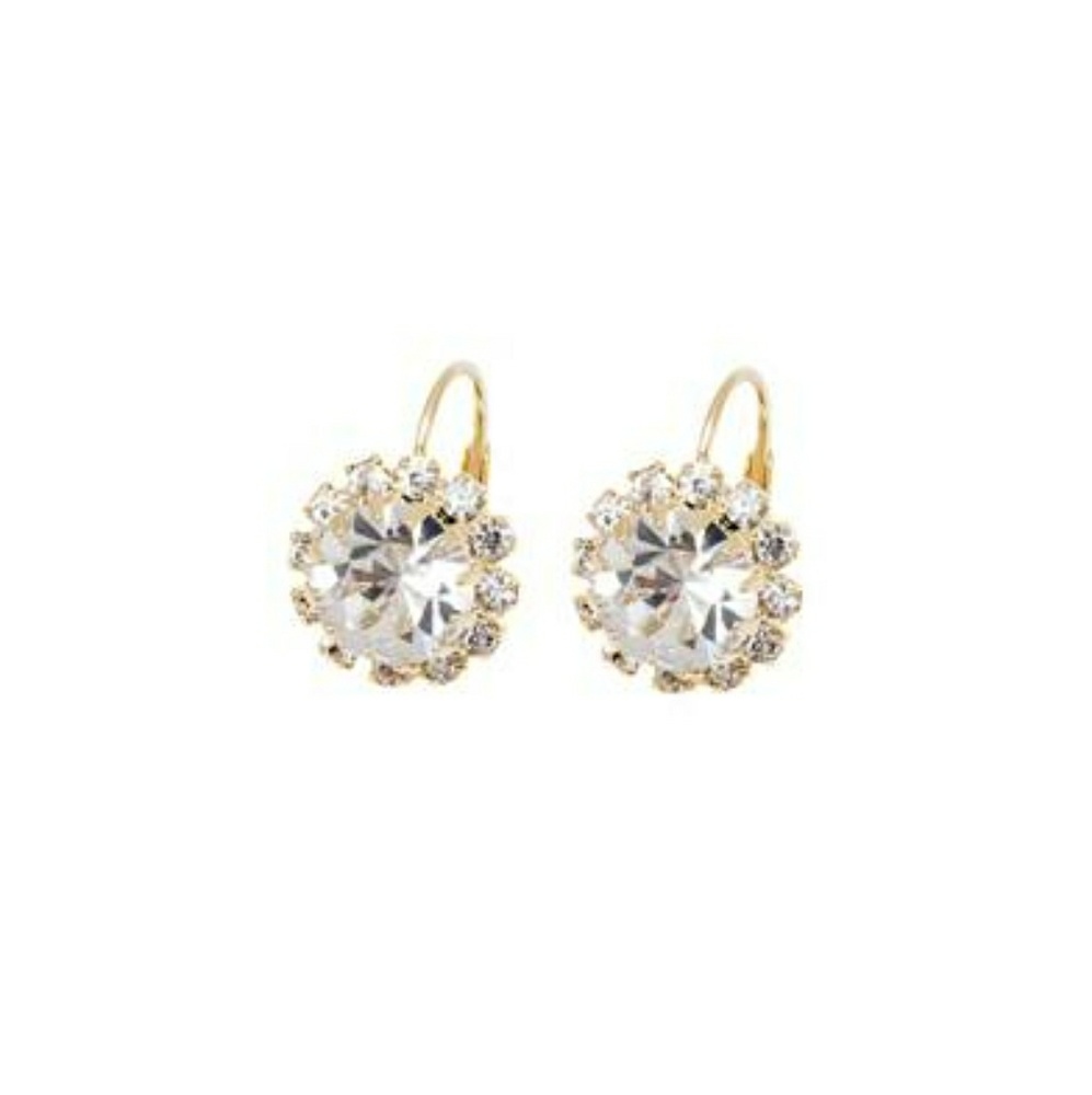 White Crystal & Gold Round-Cut Drop Earrings