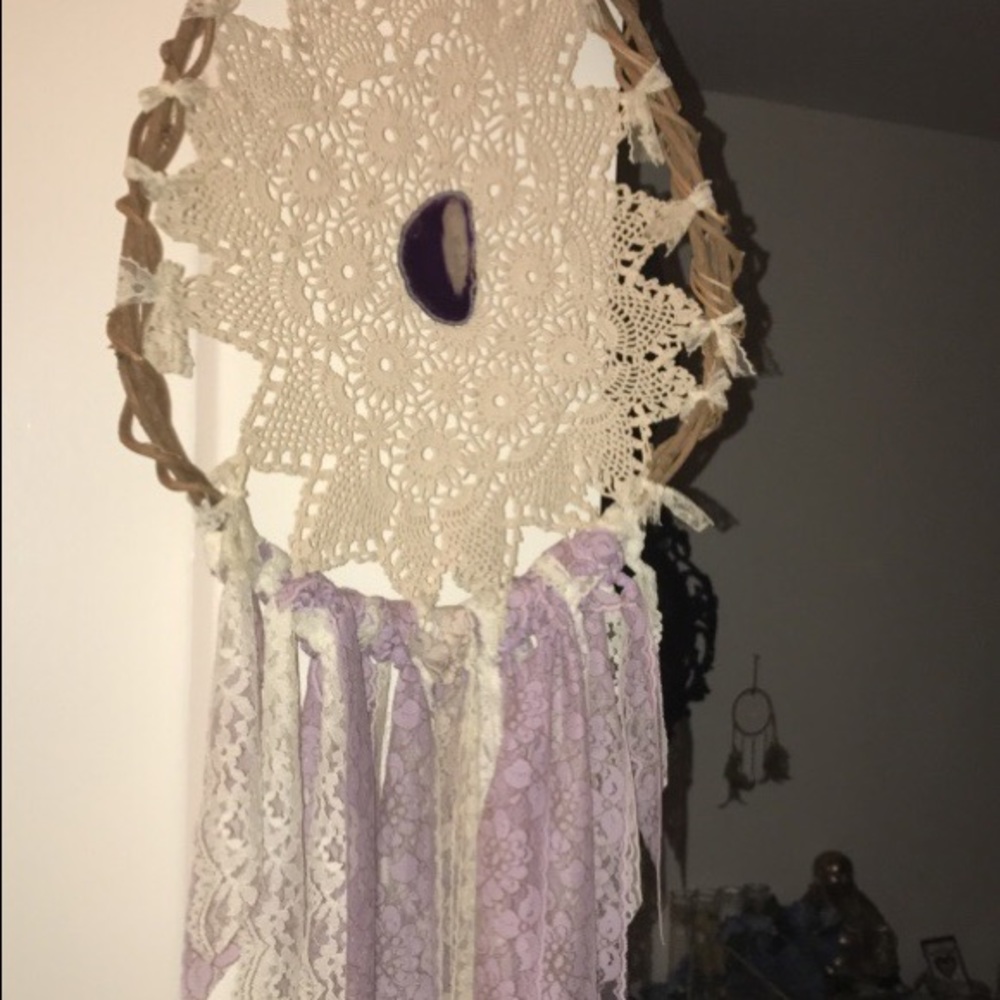 Handmade lace dream catcher with real purple agate