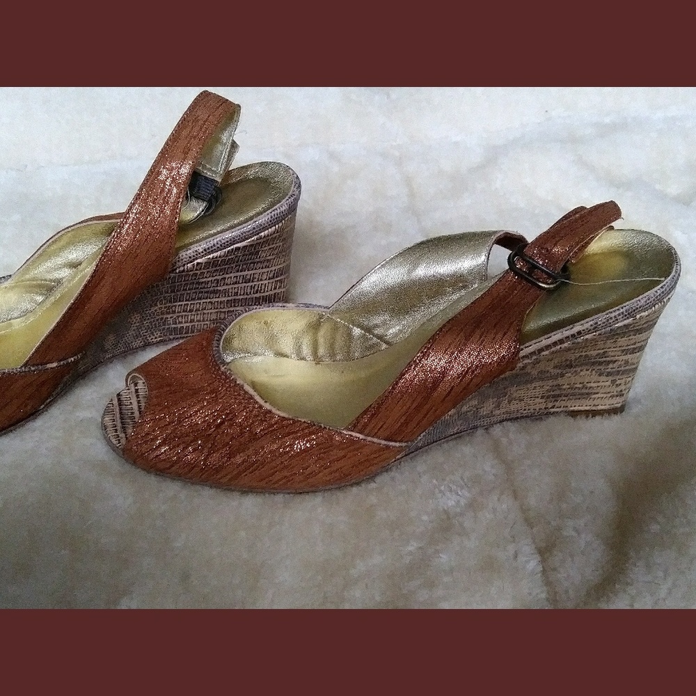 Cynthia Vicent Bronze Snakeskin Wedges