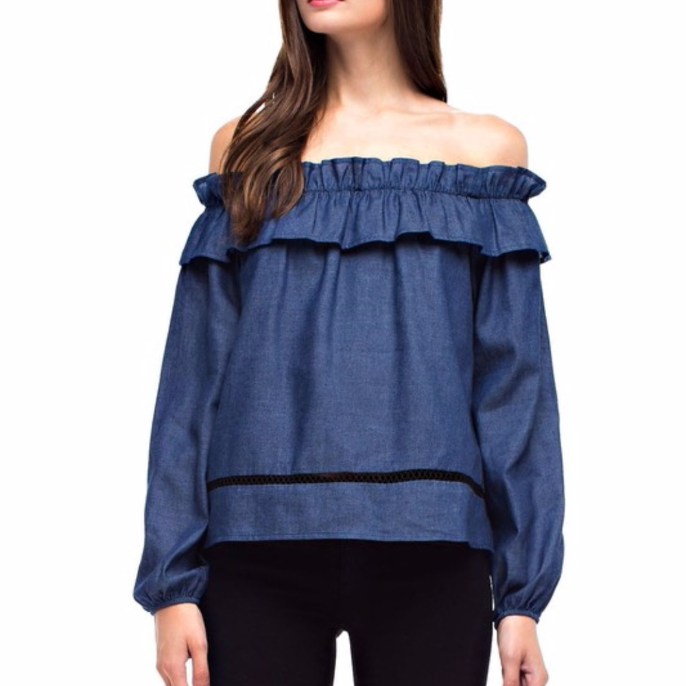 Last One‼️ Denim Chambray Off the Shoulder Top - Picture 2 of 5