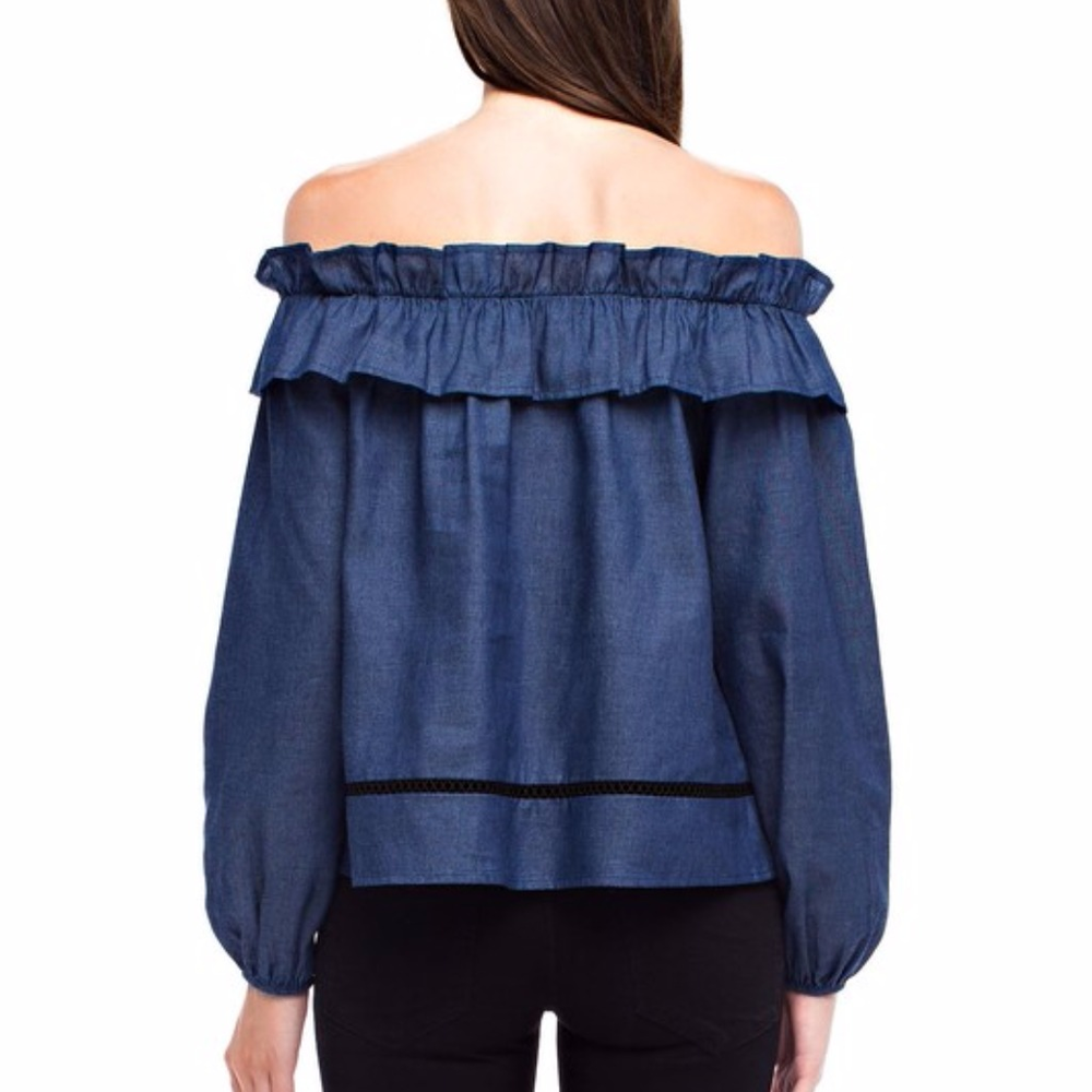 Last One‼️ Denim Chambray Off the Shoulder Top - Picture 3 of 5