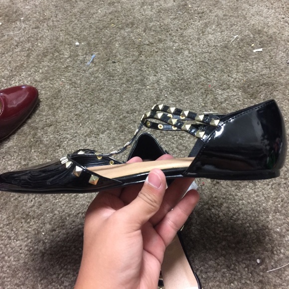 JustFab Shoes New Justfab Glossy Black Flats With Gold Accents Poshmark