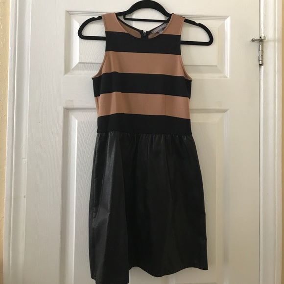 SALE-- Tinley Road Faux Leather Tan Striped Dress - Picture 1 of 3