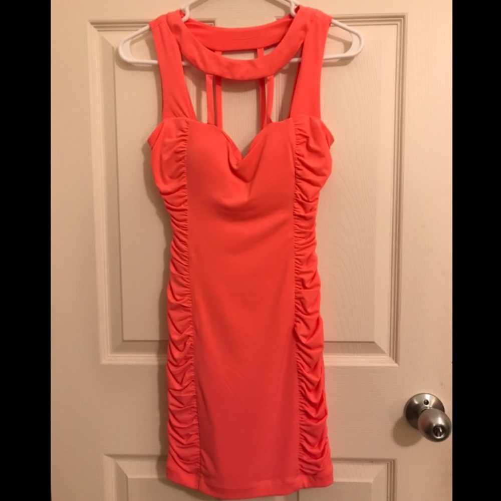 Sexy bodycon coral low cut club mini stretch dress