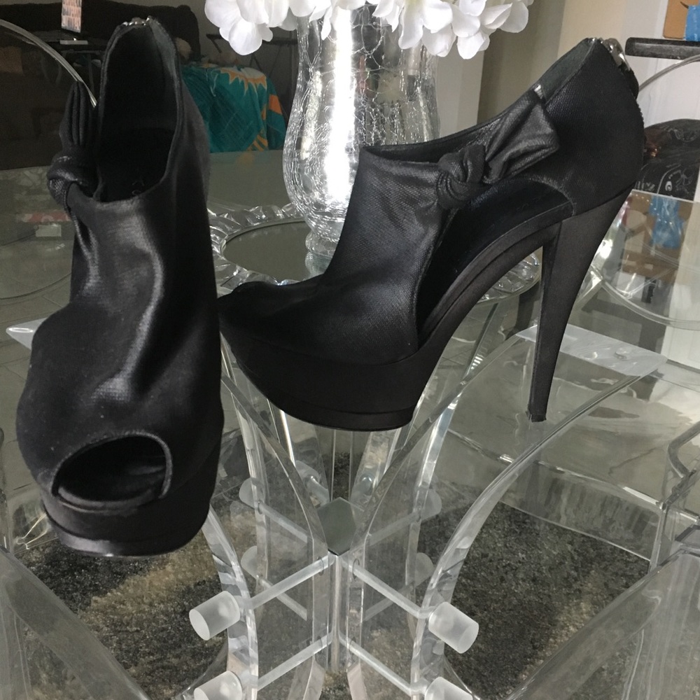 Black Casadei peep toe ankle bootie platform heels