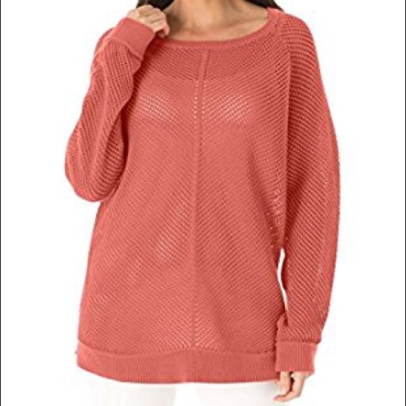 Denim 24/7 Sweaters - Plus Size Coral Mesh Pullover Sweater
