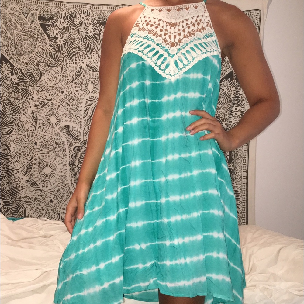 Blue tie dye dress with beautiful lace front&back