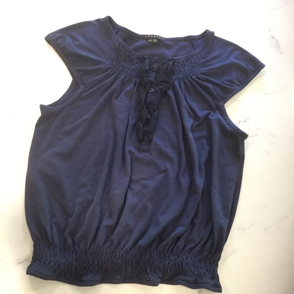 🎏 Theory Navy Blue Ruffle Shirt Top With Button
