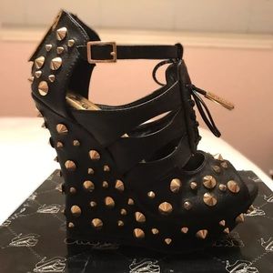 Sheikh Black and Gold Studded Wedge Heels