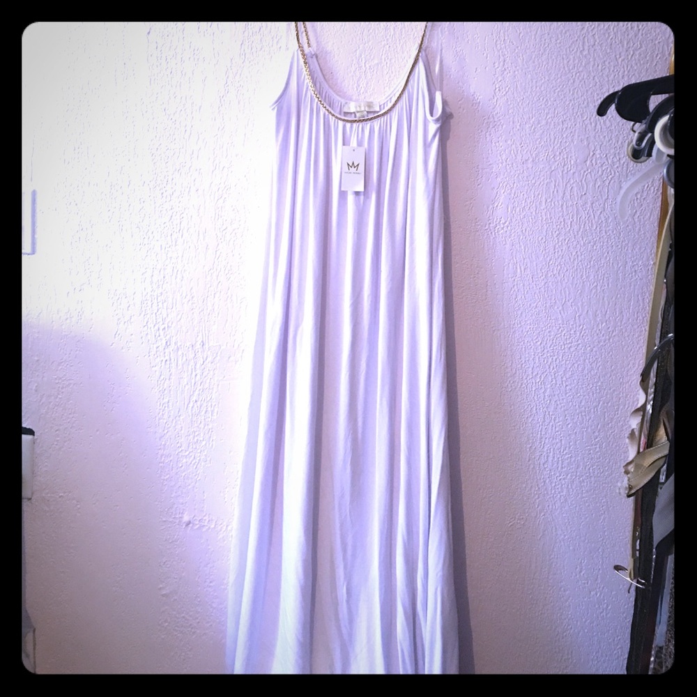 Plus size white maxi dress with Gold braid detail