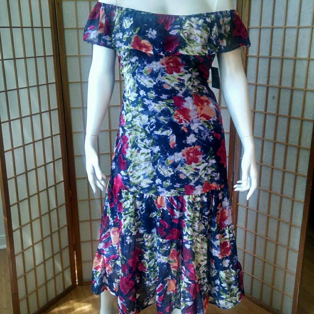 Abstract Floral Chiffon Off-shoulder Summer Dress