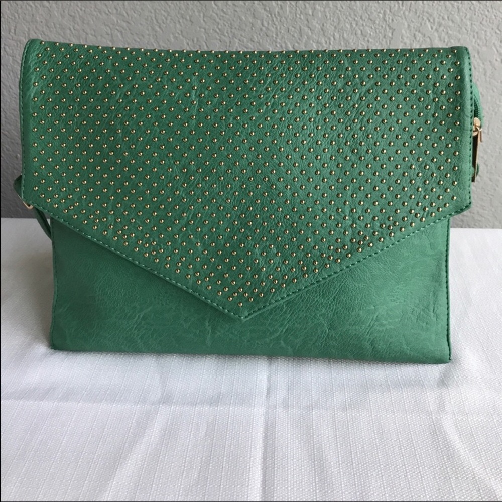 Emerald green shoulder bag with gold studs