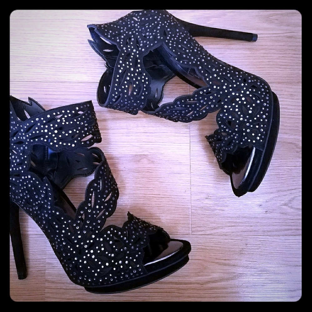 BCBGMaxAzria Rhinestone Black Suede Heels