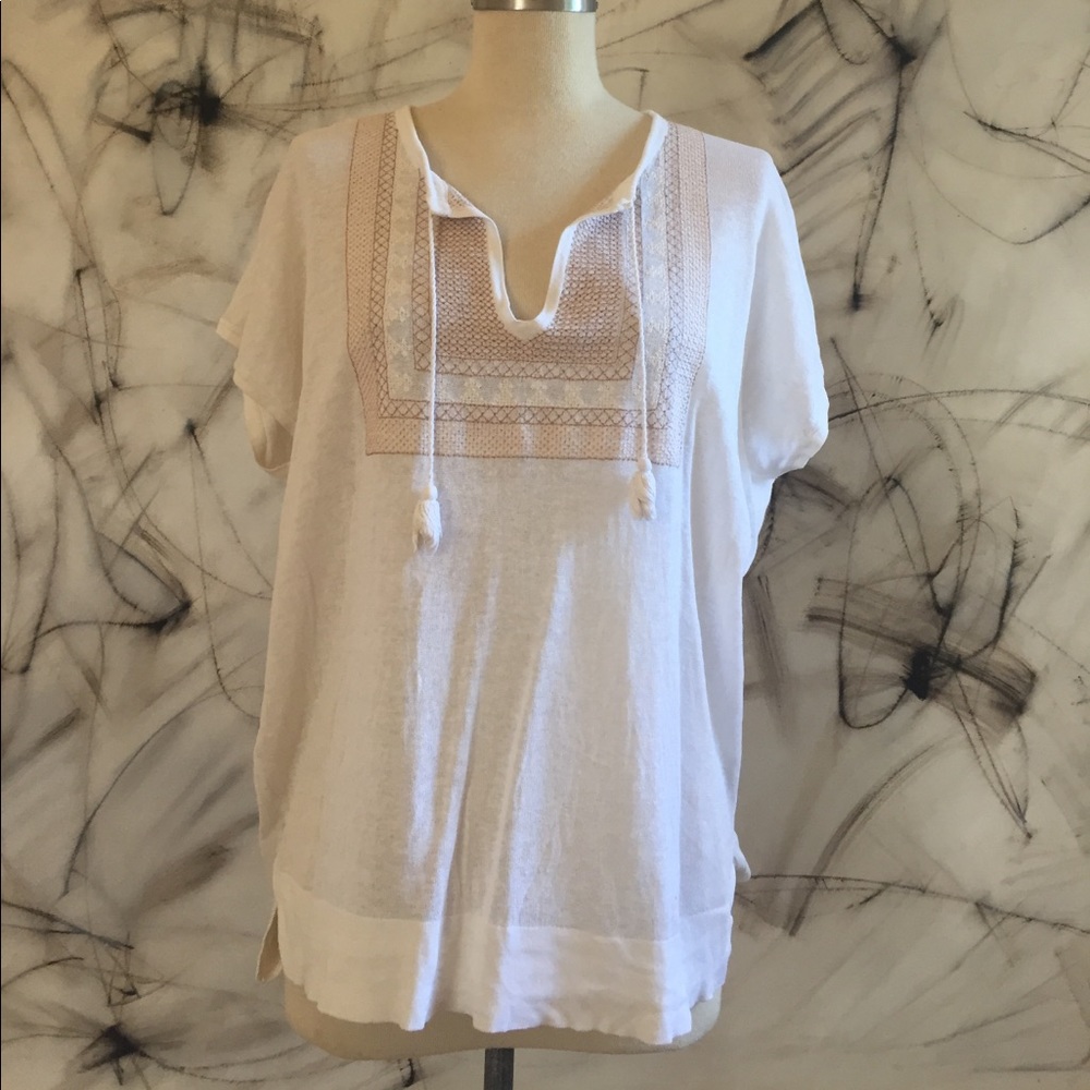 Madewell Embroidered Off White Top with Tassels