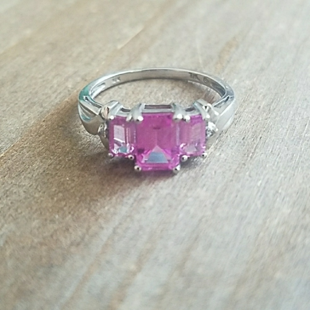 10K white Gold Emerald Cut Pink Topaz Ring