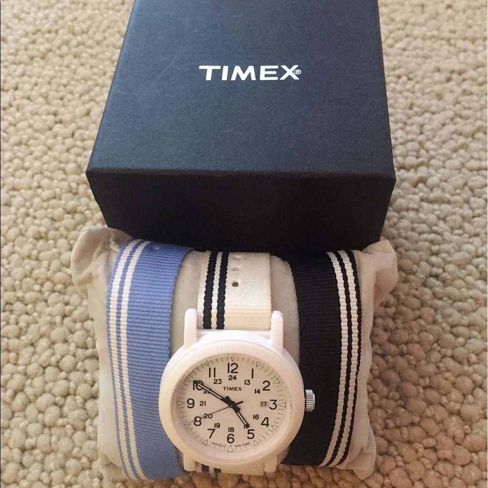 Timex blue, white, and black band watch