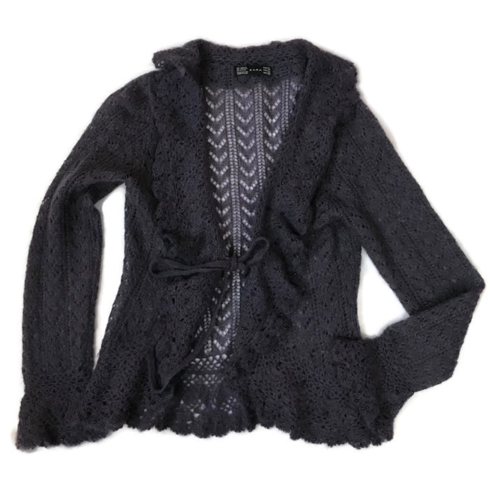 Soft Knit Purple Wrap Sweater Scallop Hem & Cuffs