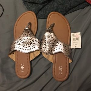 Metallic pewter sandals