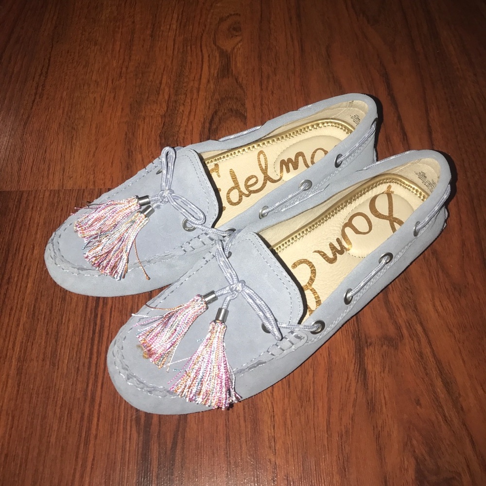 Baby gray blue suede loafers driving shoes