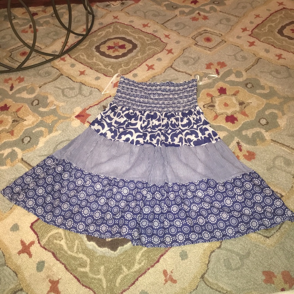 Blue and white strapless dress