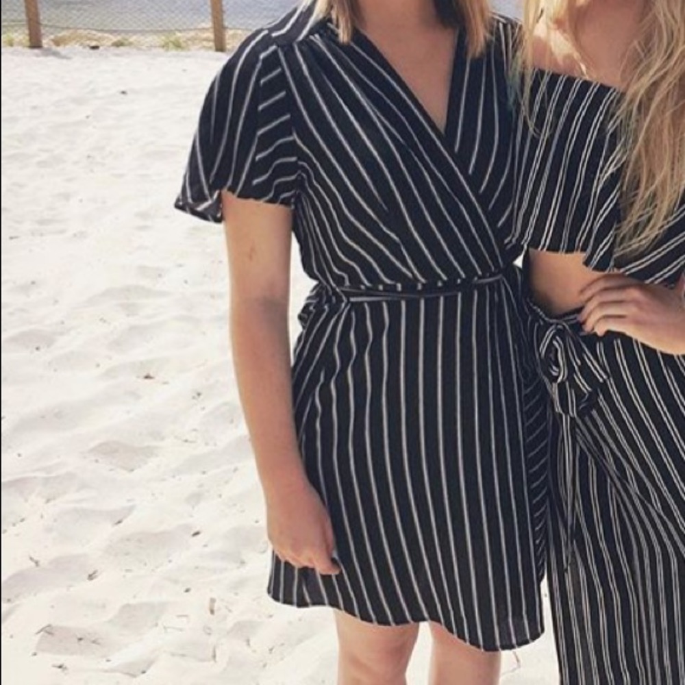 Black and white striped wrap dress
