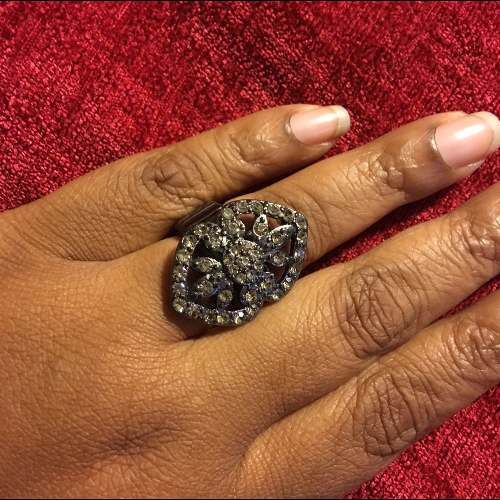 Grey Rhinestone and Gunmetal Stretch Ring