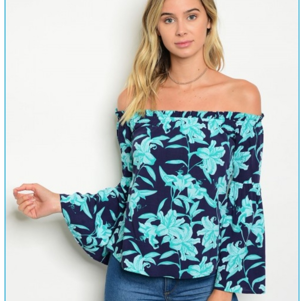 Cold Shoulder Navy & Teal print Blouse