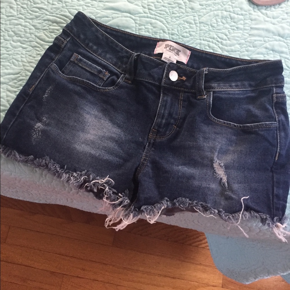 Dark wash cut off ripped denim shorts