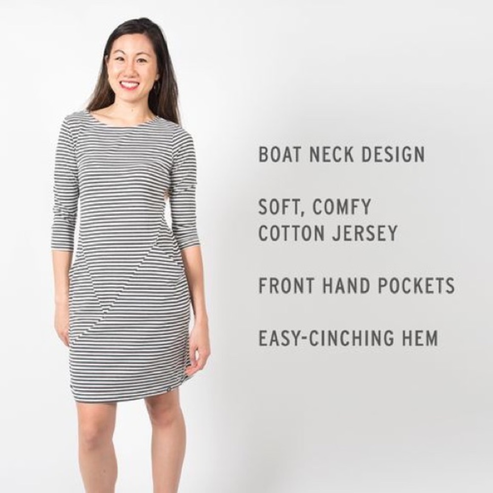 Betabrand 30 Day Dress in Navy & Cream stripes