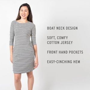 Betabrand 30 Day Dress in Navy & Cream stripes