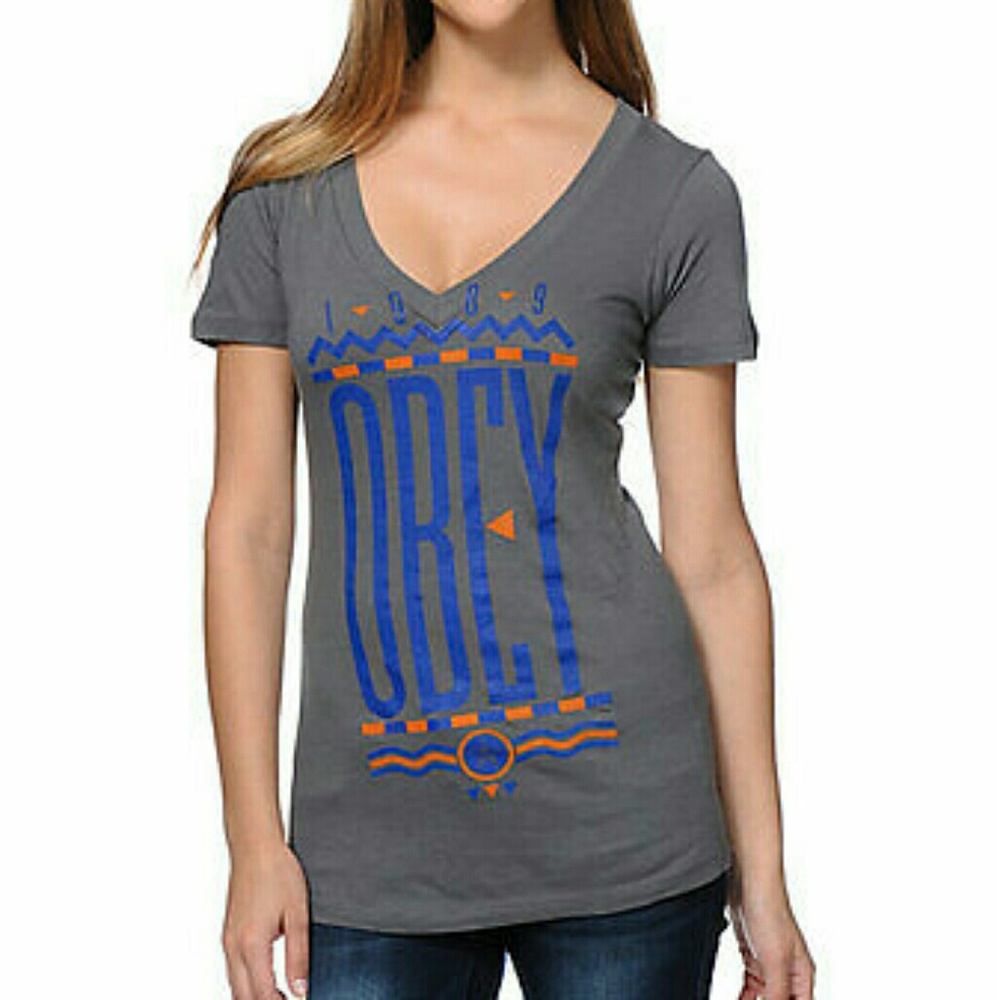 NWT Obey Colours v-neck tee shirt top grey small