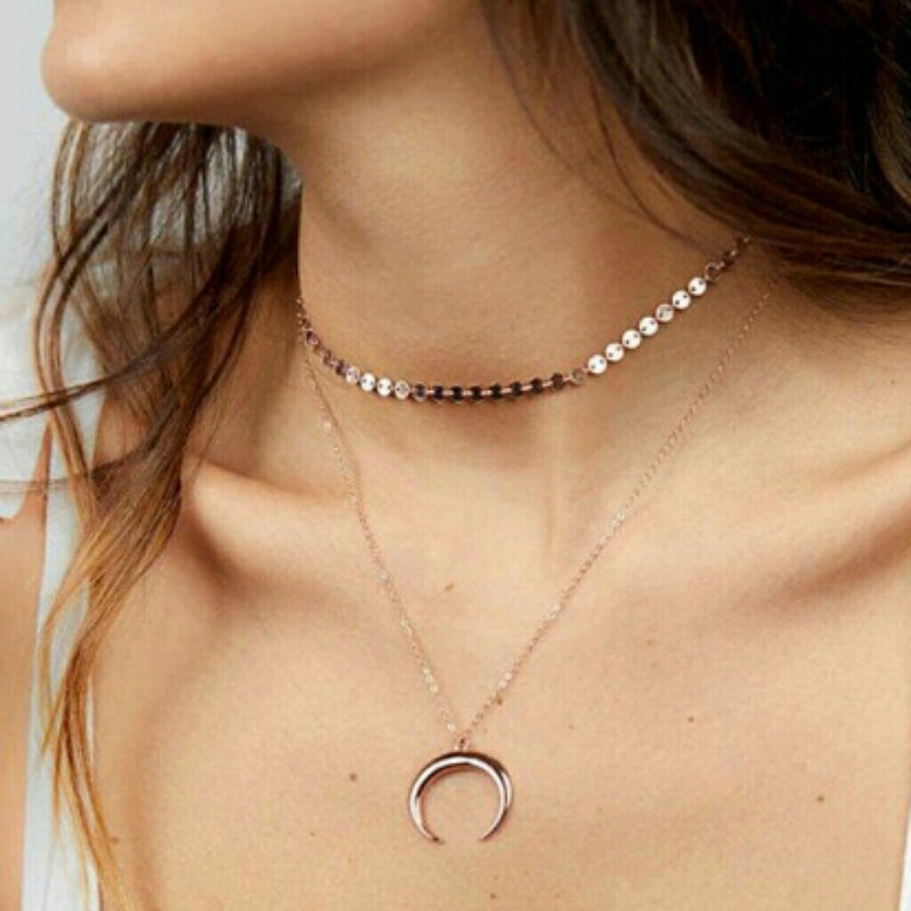 Crescent Luna moon layered necklace chocker