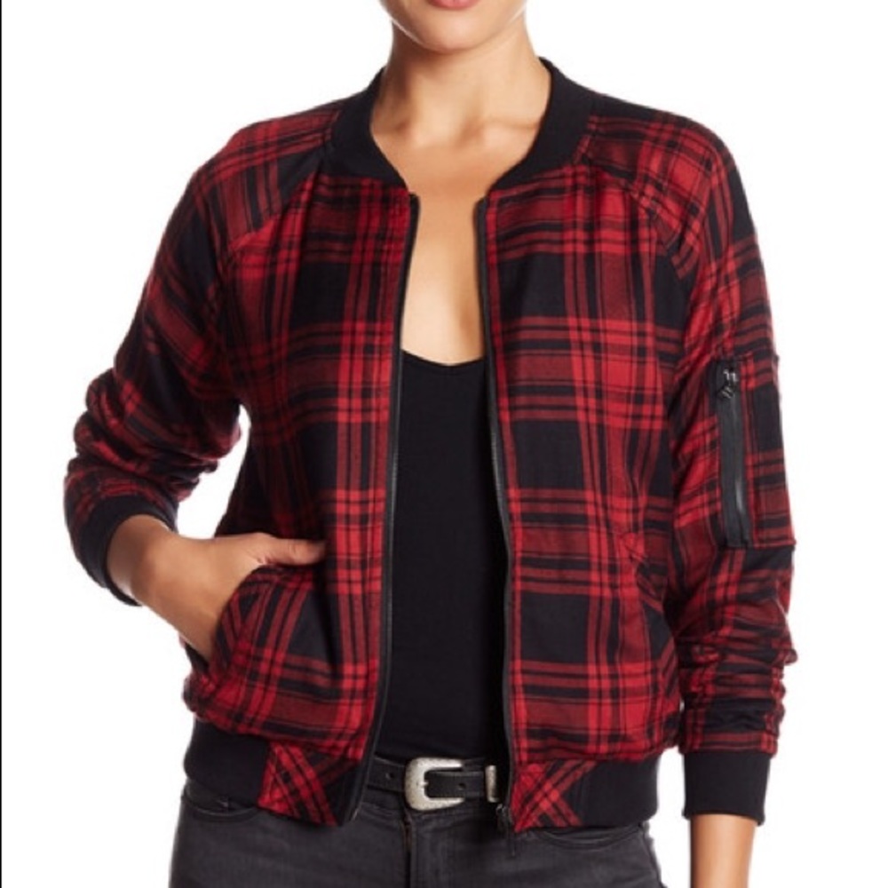 Sanctuary Red and Black Plaid Bomber Jacket