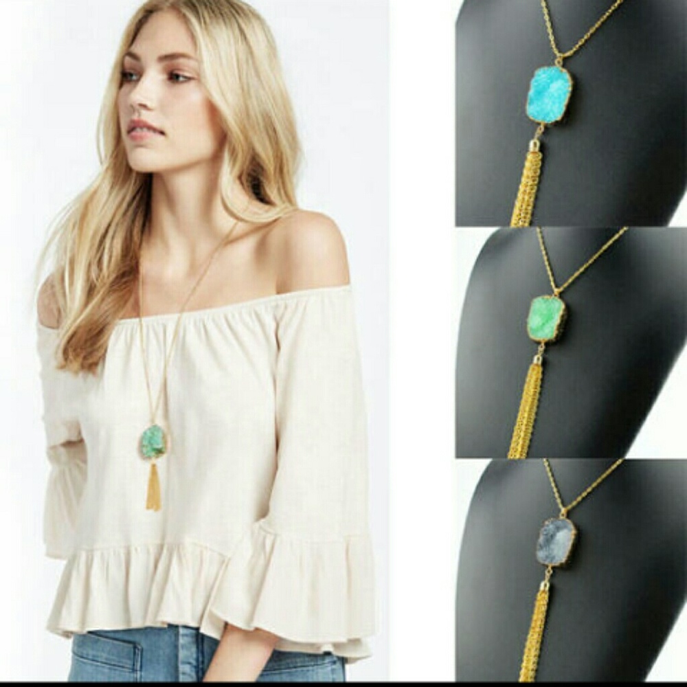 Druzy Pendant Necklace with tassel - Three colors