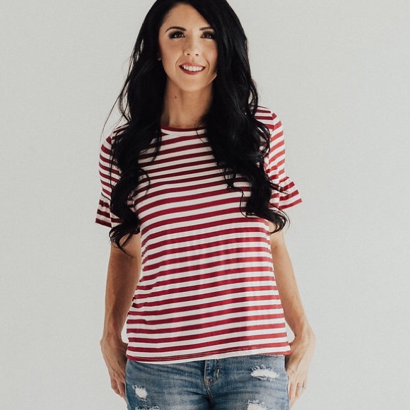 Red and white stripe ruffle sleeve top - Picture 3 of 4
