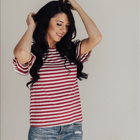 Tops - Red and white stripe ruffle sleeve top