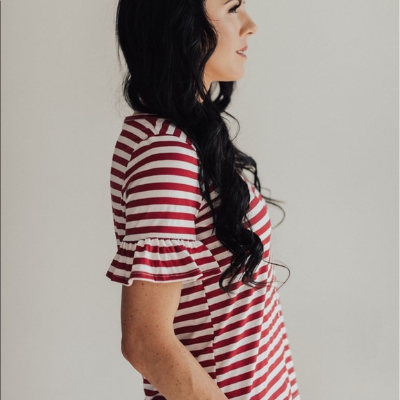 Red and white stripe ruffle sleeve top - Picture 2 of 4