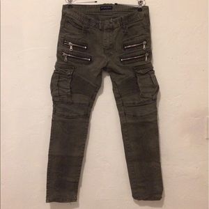 OLIVE GREEN MILITARY STYLED SKINNY BIKER CARGOS