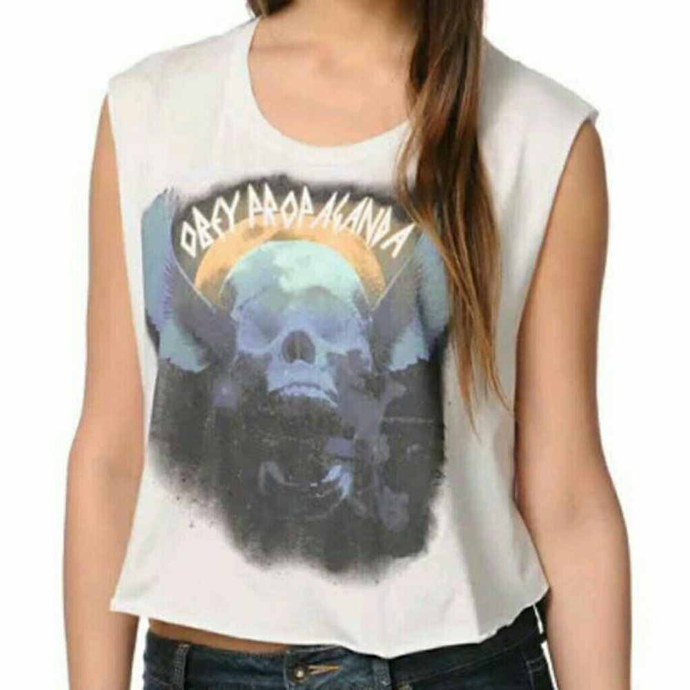 NWT Obey Ride the winds skull loose tank top shirt cut off raw hems large